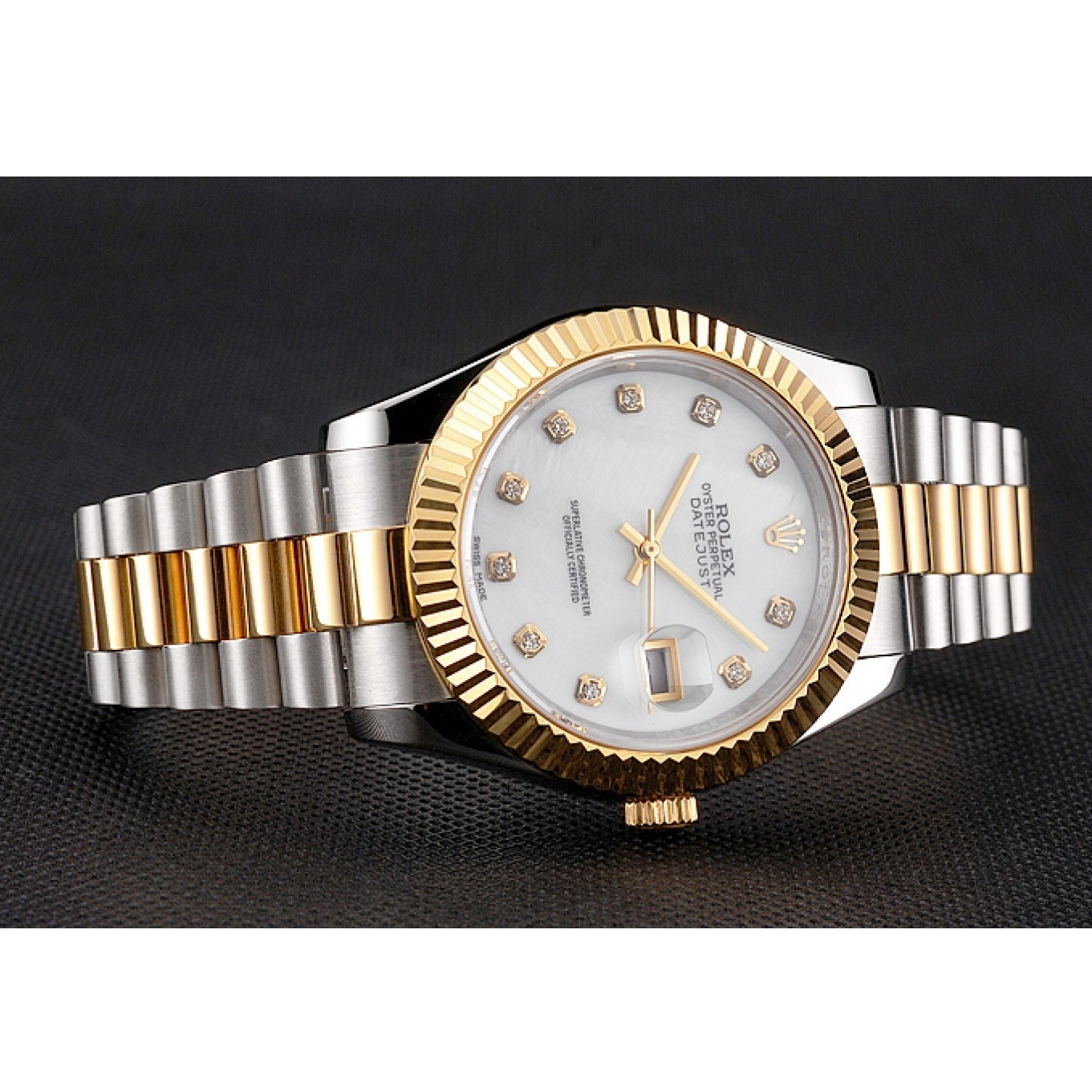 Aaa replica Steel Hour Marks Two Case Gold Bracelet Stainless Tone White Rolex Bezel Swiss Datejust Diamond Dial 0818